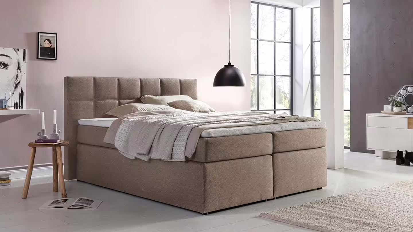 Bild von Möbelfreude Boxspringbett Boxspringbett Bea Beige/grau 220x220 cm H2/H3, Beige/grau 220x220 cm H2/H3 7-Zonen Taschenfederkern-Matratze + Bonell
