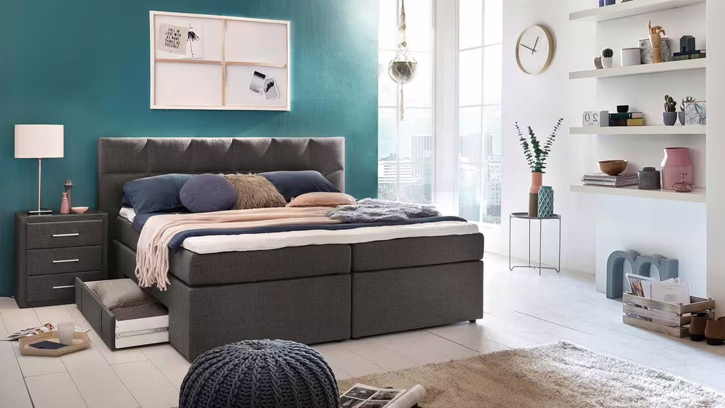 Bild von Möbelfreude Boxspringbett Boxspringbett Andybur Anthrazit 200x200 cm H3, Anthrazit 200x200 cm H3 mit Bettkasten / Stauraum inkl. Visco-Topper