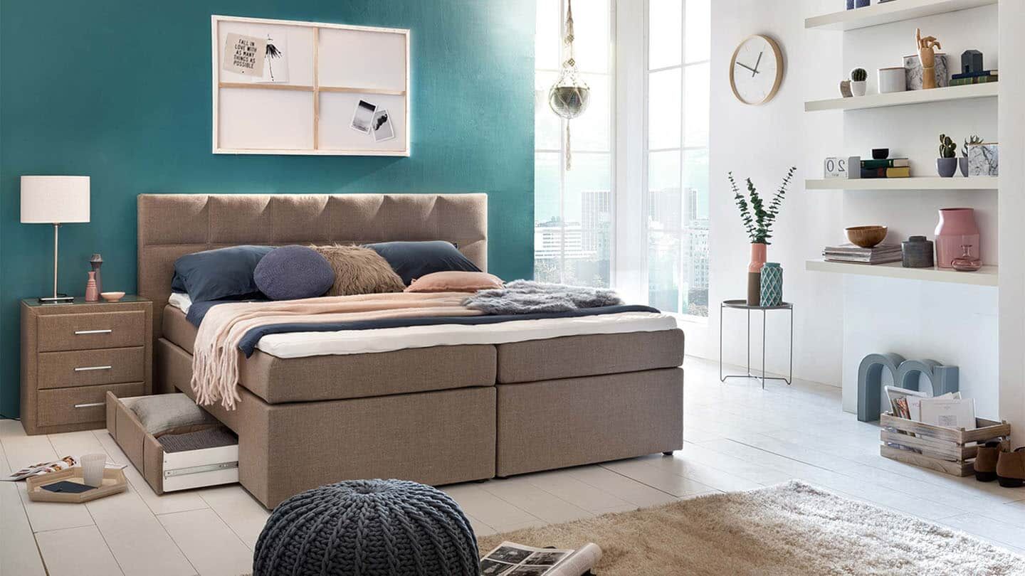 Bild von Möbelfreude Boxspringbett Boxspringbett Andybur Beige/grau 200x200 cm H2/H3, Beige/grau 200x200 cm H2/H3 mit Bettkasten / Stauraum inkl. Visco-Topp