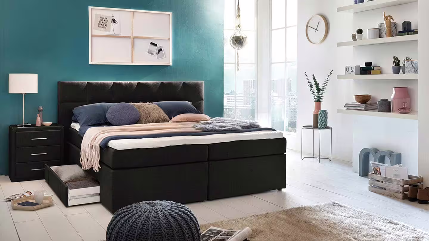 Bild von Möbelfreude Boxspringbett Boxspringbett Andybur Schwarz 180x200 cm H3, Schwarz 180x200 cm H3 mit Bettkasten / Stauraum inkl. Visco-Topper, 7-