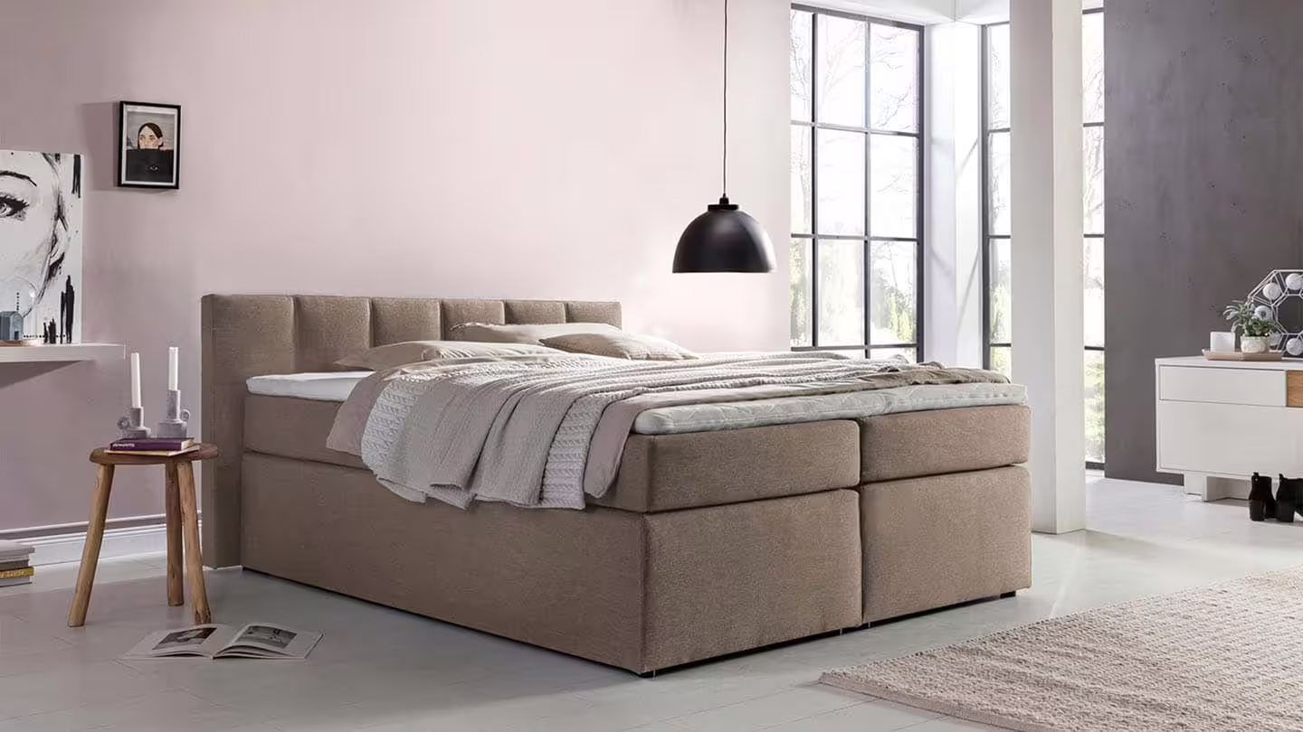 Bild von Möbelfreude Boxspringbett Boxspringbett Valina 220x200 cm Beige/Grau H3, 220x200 cm Beige/Grau H3 niedriges Kopfteil 90 cm Ideal für Dachsschrä