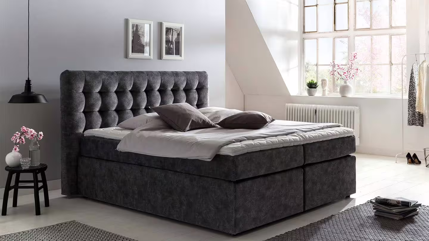 Bild von Möbelfreude Boxspringbett Boxspringbett Perris 160x200 cm Anthrazit H3, 160x200 cm Anthrazit Härtegrad H3 I mit hochwertigen Tonnen-Taschenfed