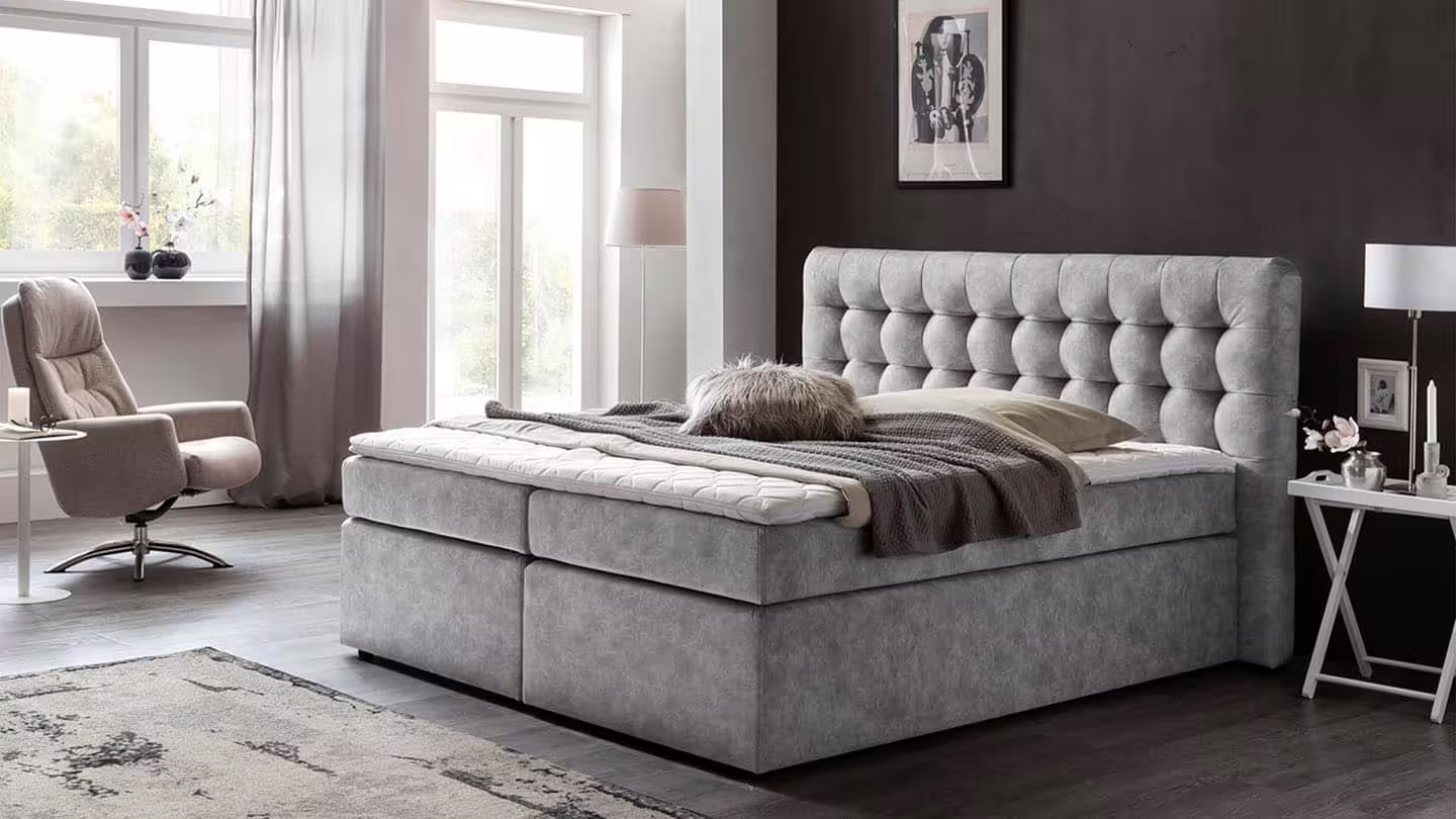 Bild von Möbelfreude Boxspringbett Boxspringbett Perris 200x220 cm Hellgrau H2/H3, 200x220 cm Hellgrau H2/H3 I mit hochwertigen Tonnen-Taschenfederkern M