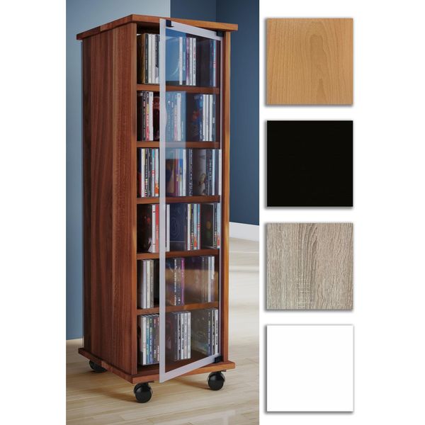 Bild von VCM CD Regal Holz CD Schrank mit ESG-Sicherheitsglastüren für 204 CDs oder 72 DVDs Maße: H. 98 x B. 31 x T. 35 cm Elegantes DVD Regal mit Rollen Blu ray Regal CD Regal - Valenza