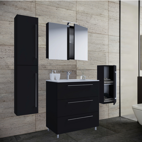 Bild von 5-tlg. Stand-Waschplatz VCM Badinos 3 Schubfächer 60 cm | Mit Spiegelschrank  + Midi-/Hochschrank - Schwarz