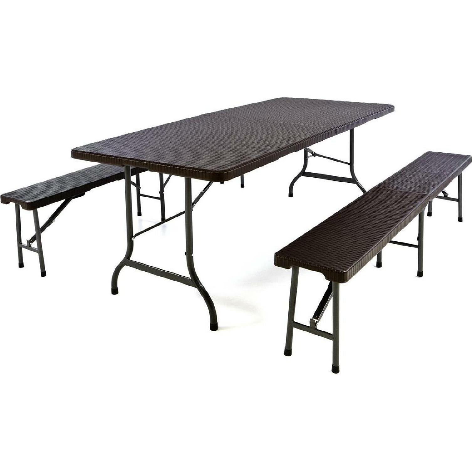 Bild von VCM, Gartentisch + Balkontisch, Gartengarnitur 1 Tisch 2 Bänke klappbar Rattanoptik Bierzeltgarnitur 180cm braun (25 cm)