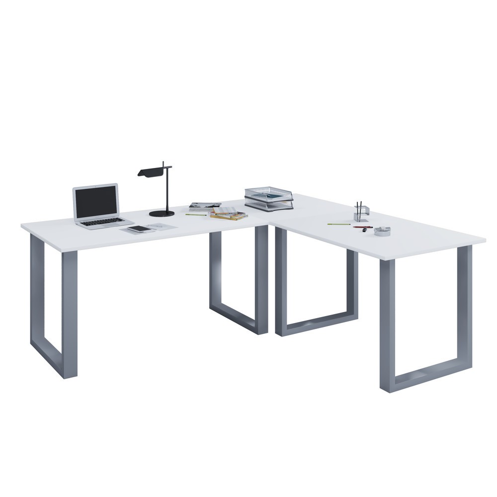 Bild von VCM Eck-Schreibtisch Lona, Tischplatten BxT 1.400 x 800 und 1.100 x 800 mm, Eckplatte BxT 800 x 800 mm, U-Füße, weiß/silber