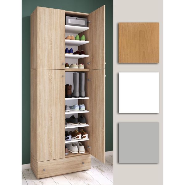 Bild von VCM Holz-Schuhschrank Maße: H. 200 x B. 70 x T. 39 cm Allzweckschrank 9 Fächer 4 Drehtüren extra Schublade – Lona