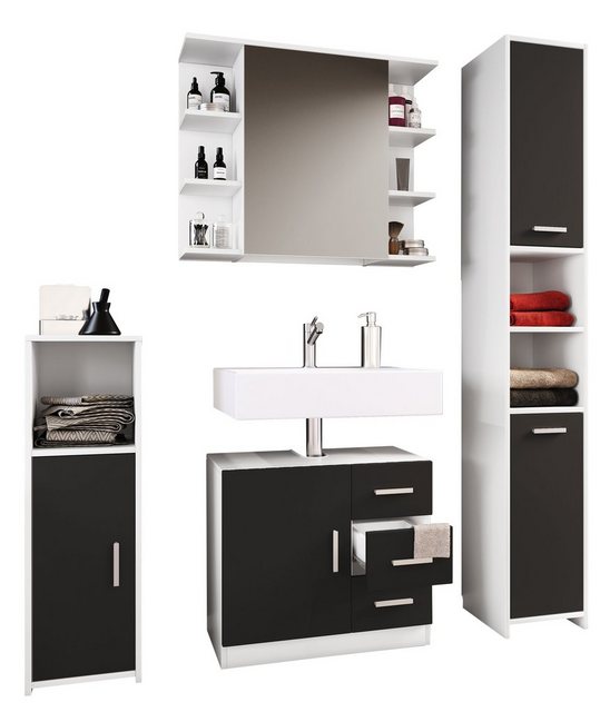 Bild von VCM 4-tlg. Badmöbelset Badmöbel Set aus Unterschrank, Midischrank, Hochschrank und Spiegelschrank Badezimmermöbel - Zalo III