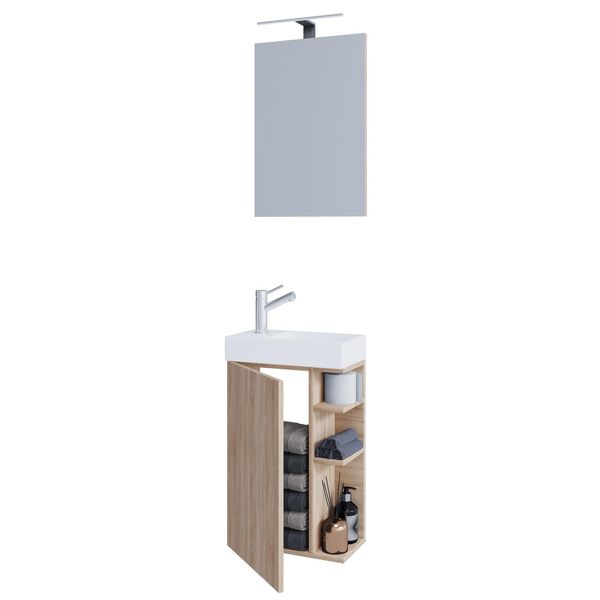 Bild von VCM 3-TLG Badmöbel Set Gäste WC Gästebad Waschplatz Waschtisch klein schmal Lumia Spiegel Sonoma-Eiche