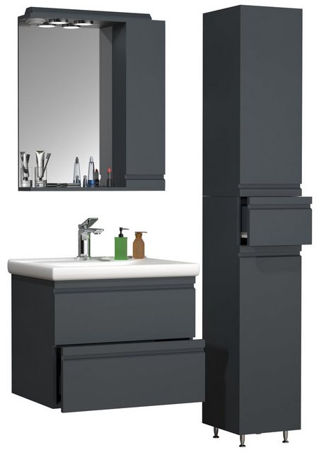 Bild von VCM 4-TLG. Waschplatz Waschtisch 60 cm Badmöbel Set Waschbecken grifflose Schublade Spiegelschrank Hochschrank Silora L Anthrazit