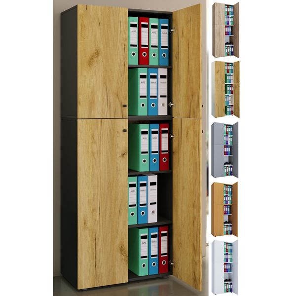 Bild von VCM Büroschrank mit 5 Fächern | moderner Aktenschrank mit Drehtüren | Maße ca. B. 70 x H. 184 x T. 40 cm – Lona 5-Fach Weiß/Honig-Eiche
