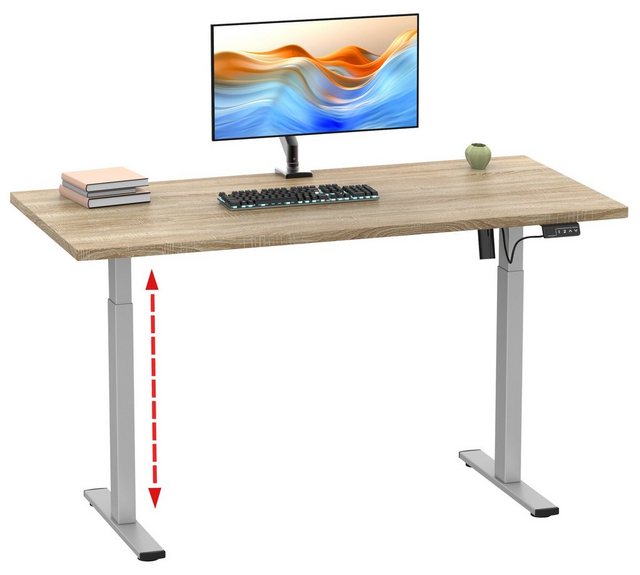 Bild von VCM my office Lona elektrisch höhenverstellbarer Schreibtisch sonoma-eiche rechteckig, T-Fuß-Gestell silber 140,0 x 50,0 cm