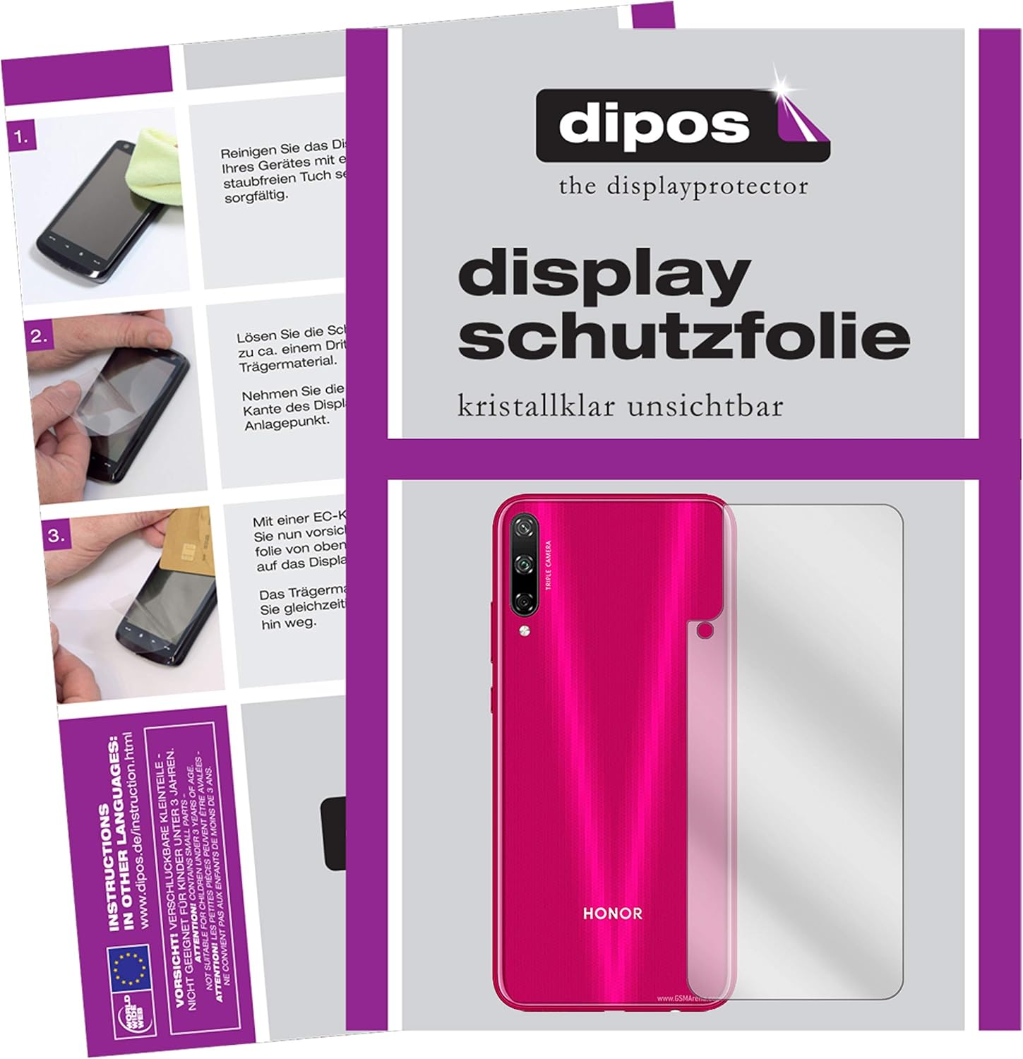 Bild von dipos I 2X Schutzfolie klar kompatibel mit Honor Play 3 Rückseite Folie Displayschutzfolie (bewusst Kleiner als das Glas, da Dieses gewölbt ist)