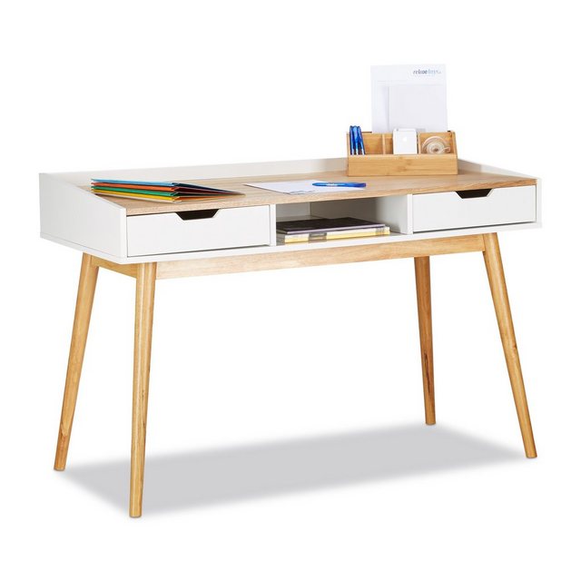 Bild von Relaxdays Schreibtisch, skandinavisches Design, 2 Schubladen, Bürotisch HxBxT: ca. 76 x 120 x 55 cm, Holz, weiß-braun