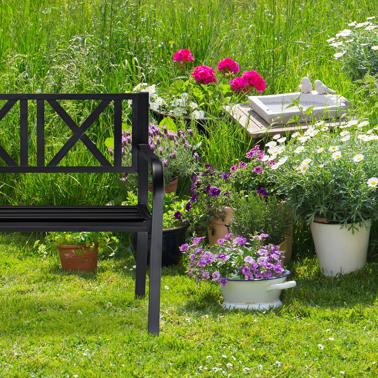 Bild von Relaxdays, schwarz Gartenbank aus Metall, 2-Sitzer, robust, für Terrasse, Balkon, Ruhebank HxBxT 81 x 127 x 56 cm, Stahl, 10026112