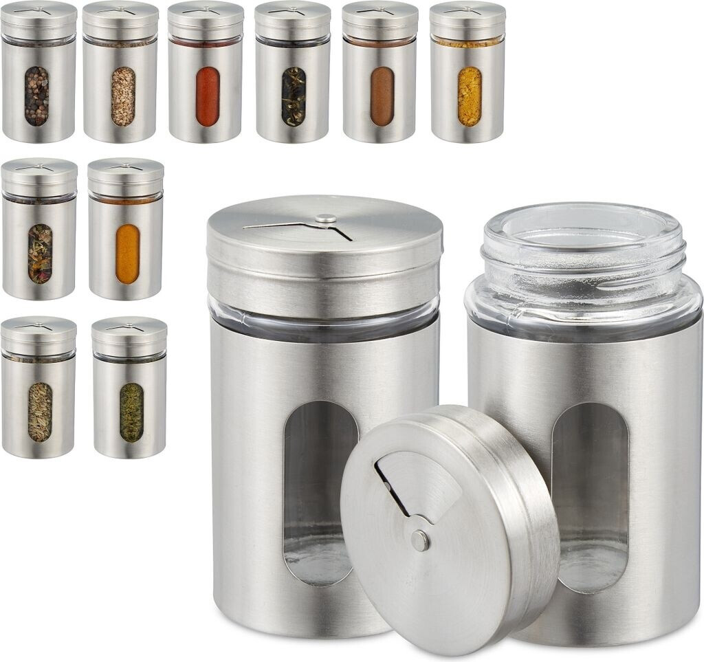 Bild von Relaxdays Gewürzstreuer, 12er Set, 3 Streugrößen, Sichtfenster, Gewürze & Kräuter, Glas, Edelstahl, Gewürzgläser, silber
