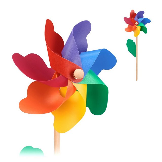 Bild von Relaxdays Windrad 2er Set, Dekowindrad für Kinder und Erwachsene, Windmühle für Garten, Balkon & Terrasse, Holz/PP, bunt