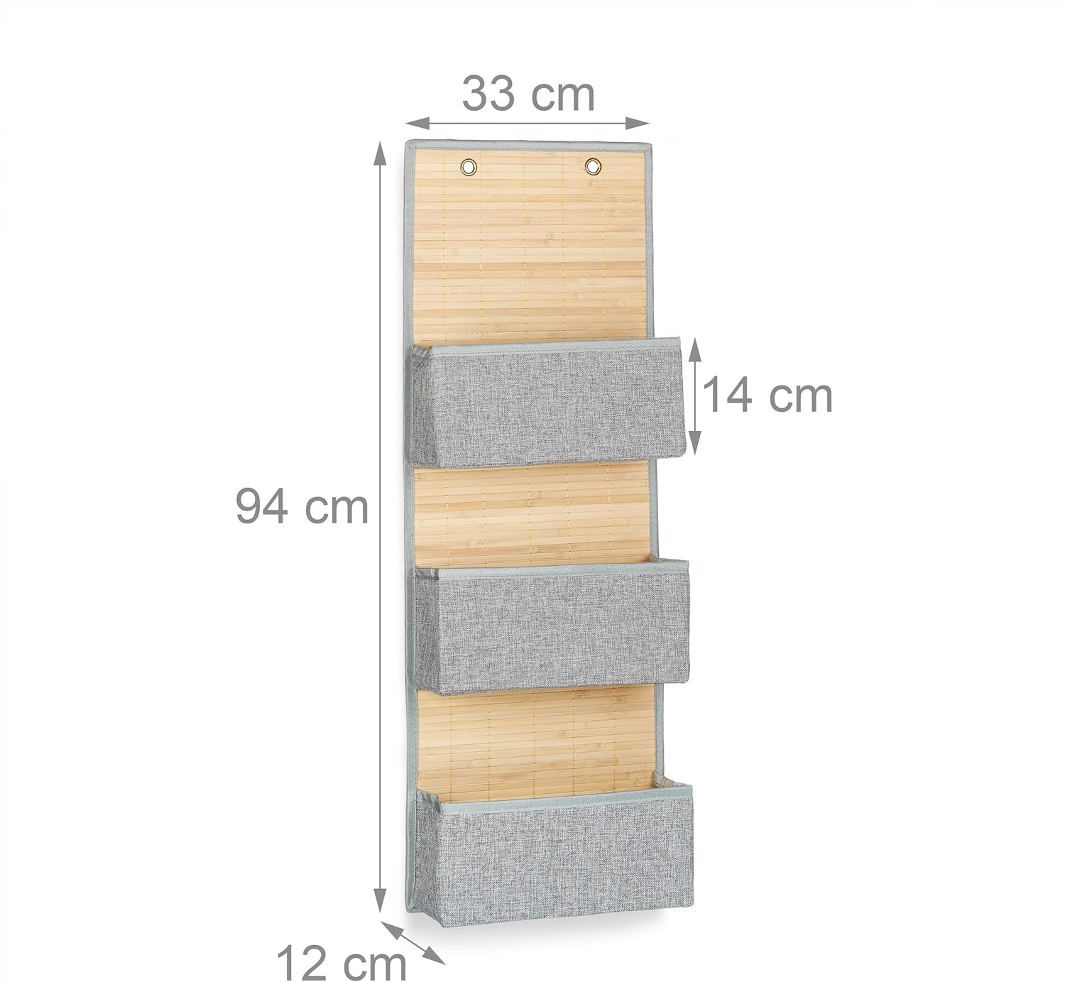 Bild von Relaxdays 4 x Hängeaufbewahrung, Bad und Flur, Türorganizer 3 Fächer, Bambus und Stoff, Türgarderobe, HxBxT: 94 x 33 x 12 cm, grau
