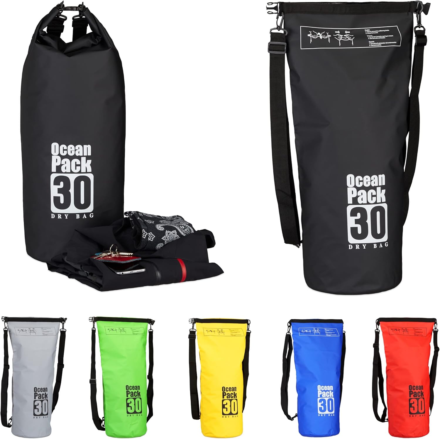 Bild von Relaxdays Ocean Pack 30 L, wasserabweisender Dry Bag für Wertsachen, leichter Trockensack für Outdoor Sport, schwarz