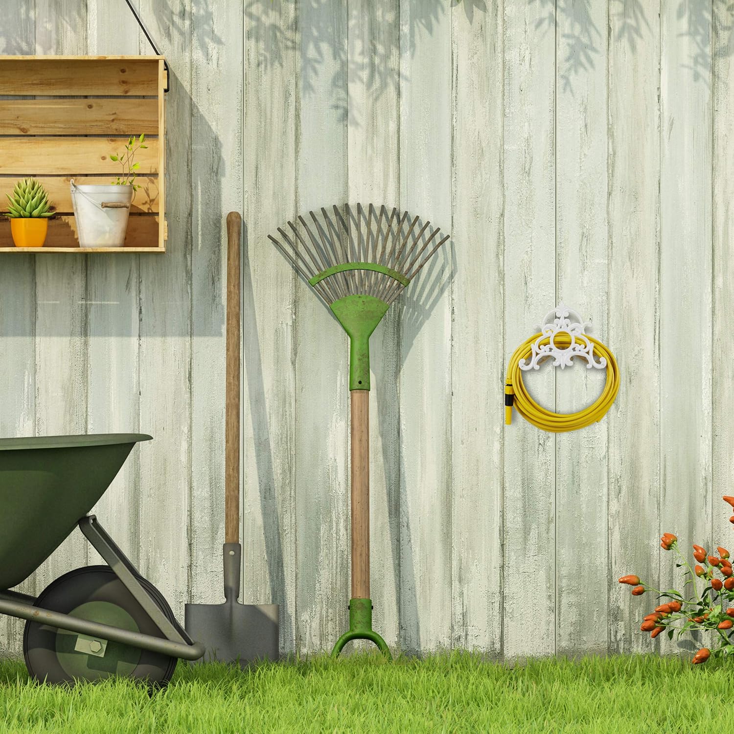 Bild von Relaxdays Schlauchhalter, Gartenschlauch Wandhalter in Vintage Look, 20m Schlauch, Gusseisen, HBT 24x31,5x15 cm, weiß