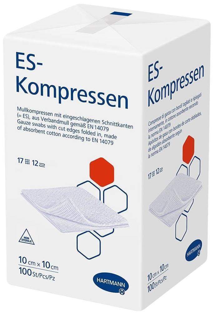 Bild von ES-KOMPRESSEN: Unsterile Mullkompressen zur Wundreinigung & Wundabdeckung, sowie zum Auftragen von Salben, 5 x 5 cm, 8-fach, 17-fädig, 100 St