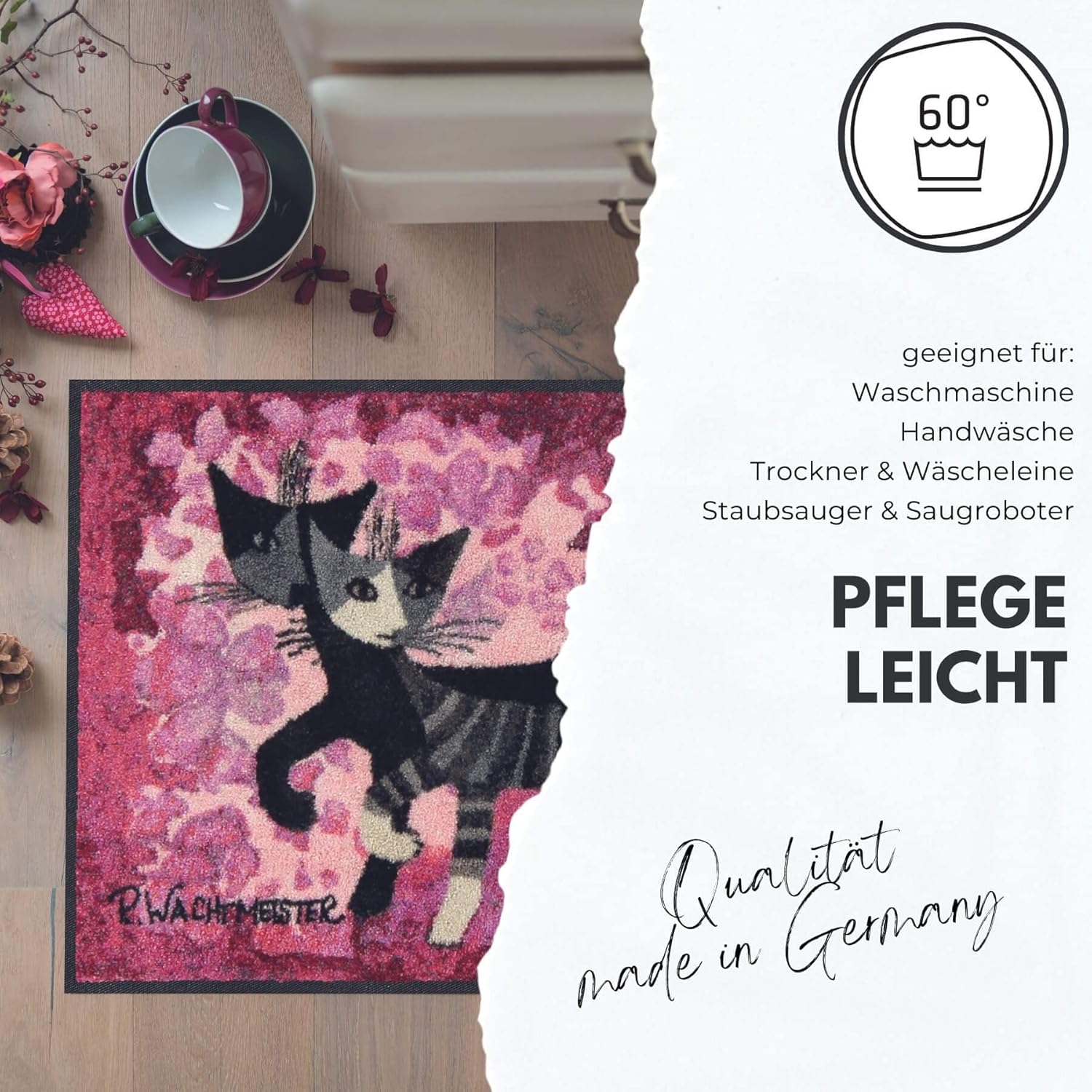 Bild von Salonloewe Rosina Wachtmeister Fußmatte waschbar Danza Delle farfalle 50x75 cm Haustür-Matte Fussabtreter Katzen bunt rutschfest