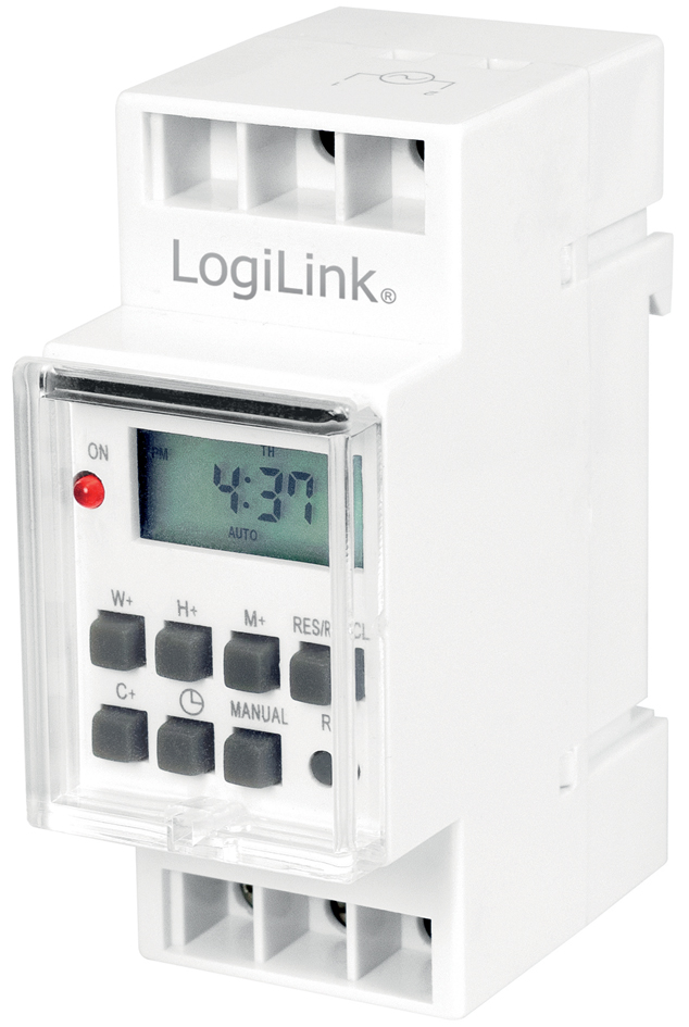 Bild von LogiLink ET0010 ET0010-DIN-Rail Zeitschaltuhr mit digitalem Timer und LCD zum einfachen Schalten von z.B. Neonlichter, Warmwasserbereiter, Laternen, Bewässerungsanlagen, etc
