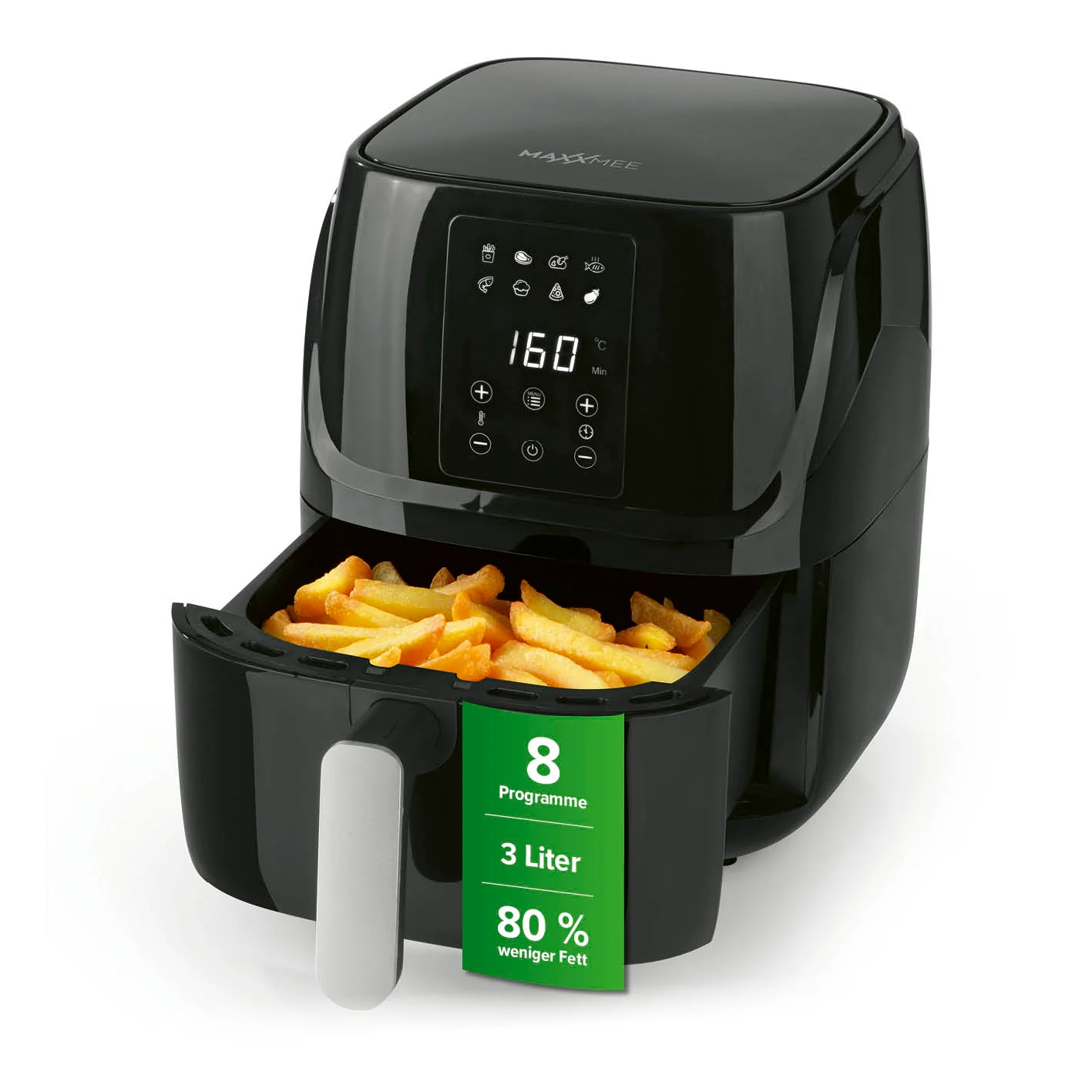 Bild von MAXXMEE Heißluft-Fritteuse Digital 3L | Kombination - Heißluftofen, Grill & Fritteuse | 8 hinterlegte Programme & Timerfunktion | Frittieren, Grillen, Backen, Auftauen, Erhitzen & Warmhalten [1300W]
