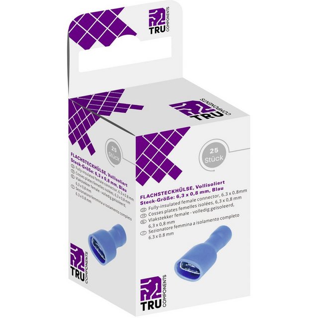 Bild von TRU COMPONENTS T1904C118 Sortiment von Kabelschuhen, weiblich, Kupplungsbreite: 6,30 mm, Kontaktstärke: 0,80 mm, 180 °, vollständig isoliert, blau