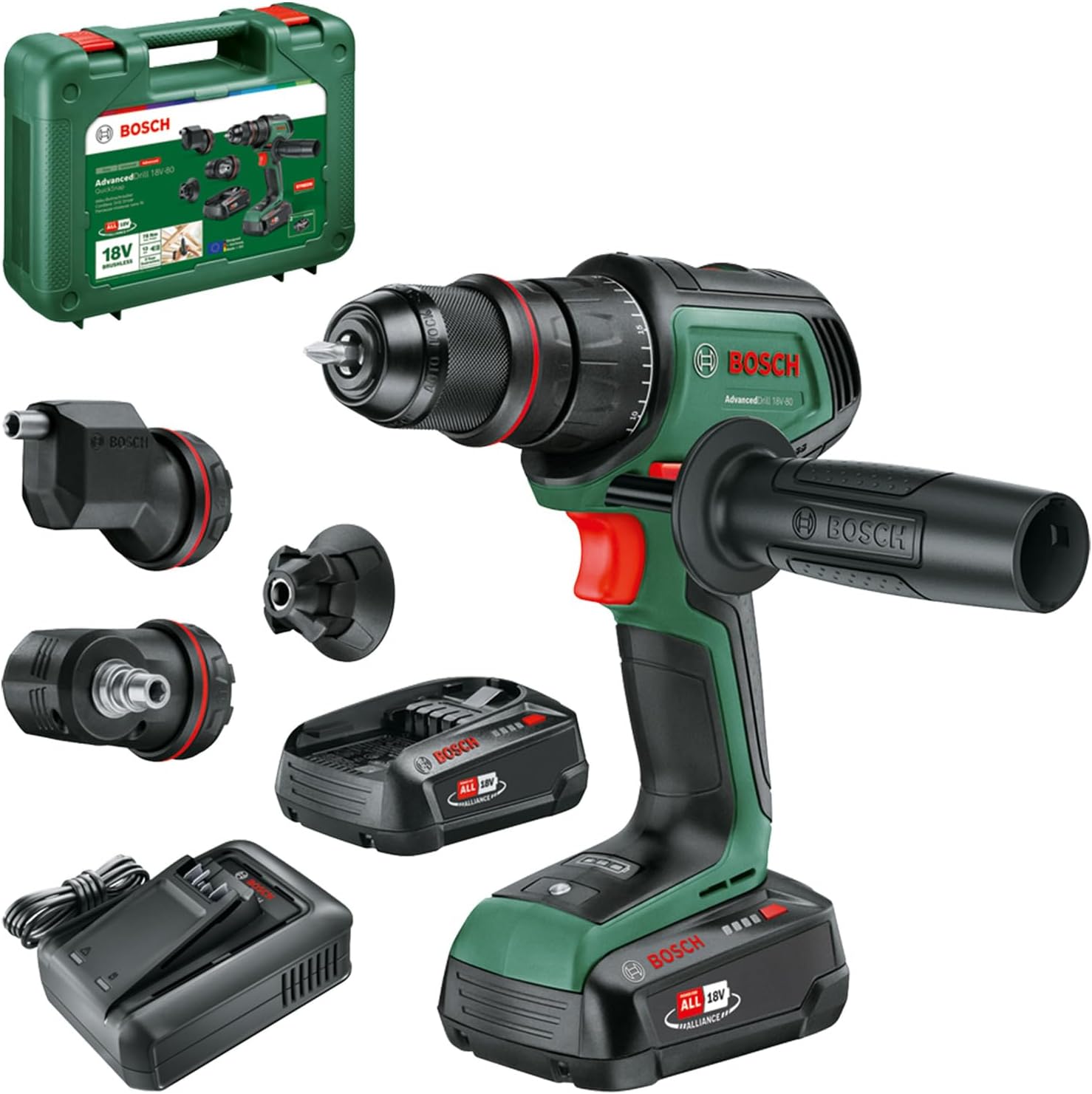 Bild von Bosch Akku-Bohrschrauber AdvancedDrill 18V-80 QuickSnap (zum Bohren und Schrauben; mit Winkel-, Exzenter- und Magnetaufsatz; Zusatzhandgriff; mit Akku und Ladegerät)