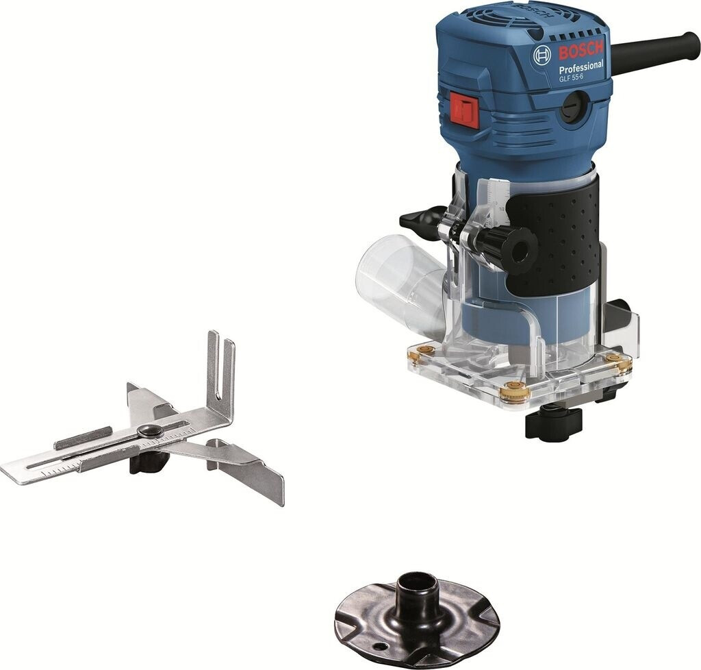 Bild von Bosch Professional Kantenfräse GLF 55-6 (550-W-Motor, Drehzahl 33.000 min⁻¹, inkl. 2x Einmaulschlüssel, 1x Spannzange, Parallelanschlag, Führungsrolle zum Bündigfräsen)