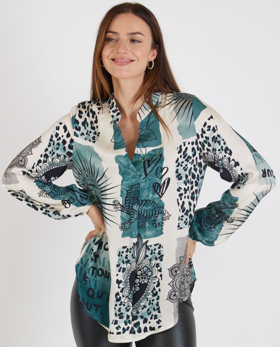 Bild von Bedruckte Satinbluse in Petrol