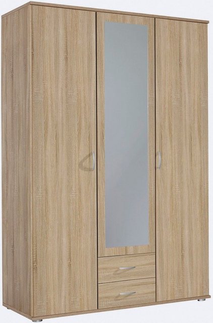 Bild von Rauch Möbel Twin, Drehtürenschrank, Kleiderschrank, Garderobe, Schrank mit Stauraum, 3-türig, 1 Spiegeltüre, 2 Schubladen, Spiegel/Glas teilaufgelegt, Farbe Eiche Sonoma, Holz, 127x188x52cm