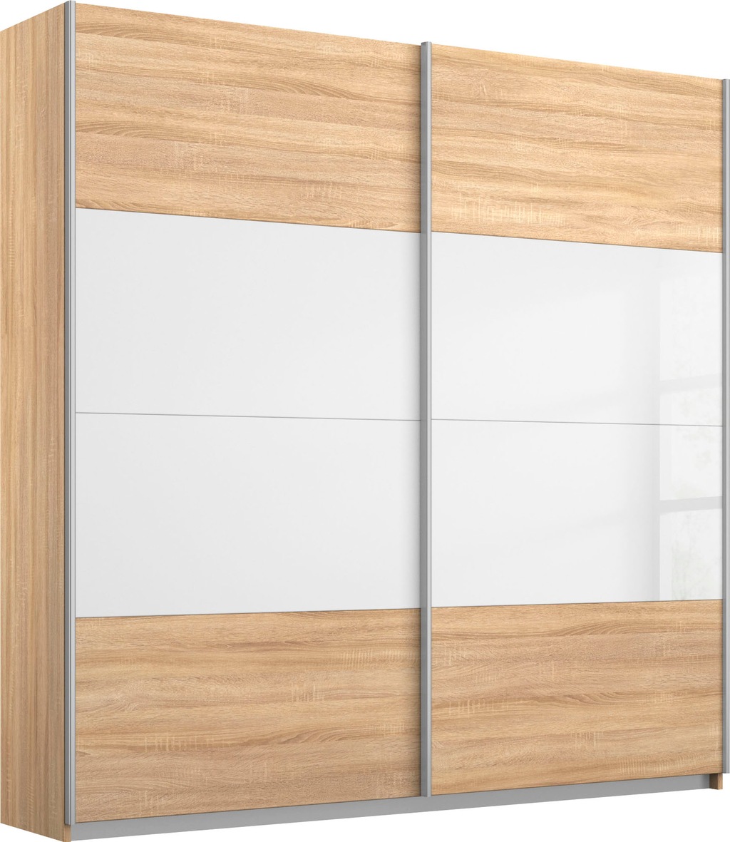 Bild von Rauch Möbel Quadra Kleiderschrank, Schwebetürenschrank, 2-türig, inkl. Zubehörpaket Basic 4 Einlegeböden 2 Kleiderstangen, Farbe Eiche Sonoma/Glas Weiß, BxHxT 181x229x62cm