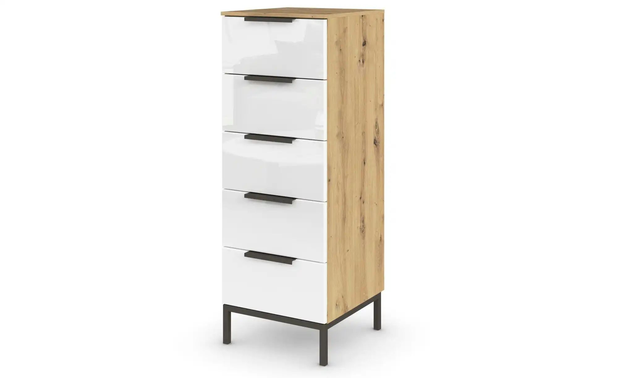 Bild von Rauch Möbel Flipp, schmale Hochkommode mit viel Stauraum für Flur, Wohnzimmer, Schlafzimmer, mit Metallkufe graphit, Eiche Artisan/Glasfront Weiß, Holz, 5 Schubladen, Griffe graphit, 40x111x42cm