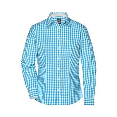 Bild von Langarm Karobluse Easy Care JN616, türkis/weiß, Größe XXL