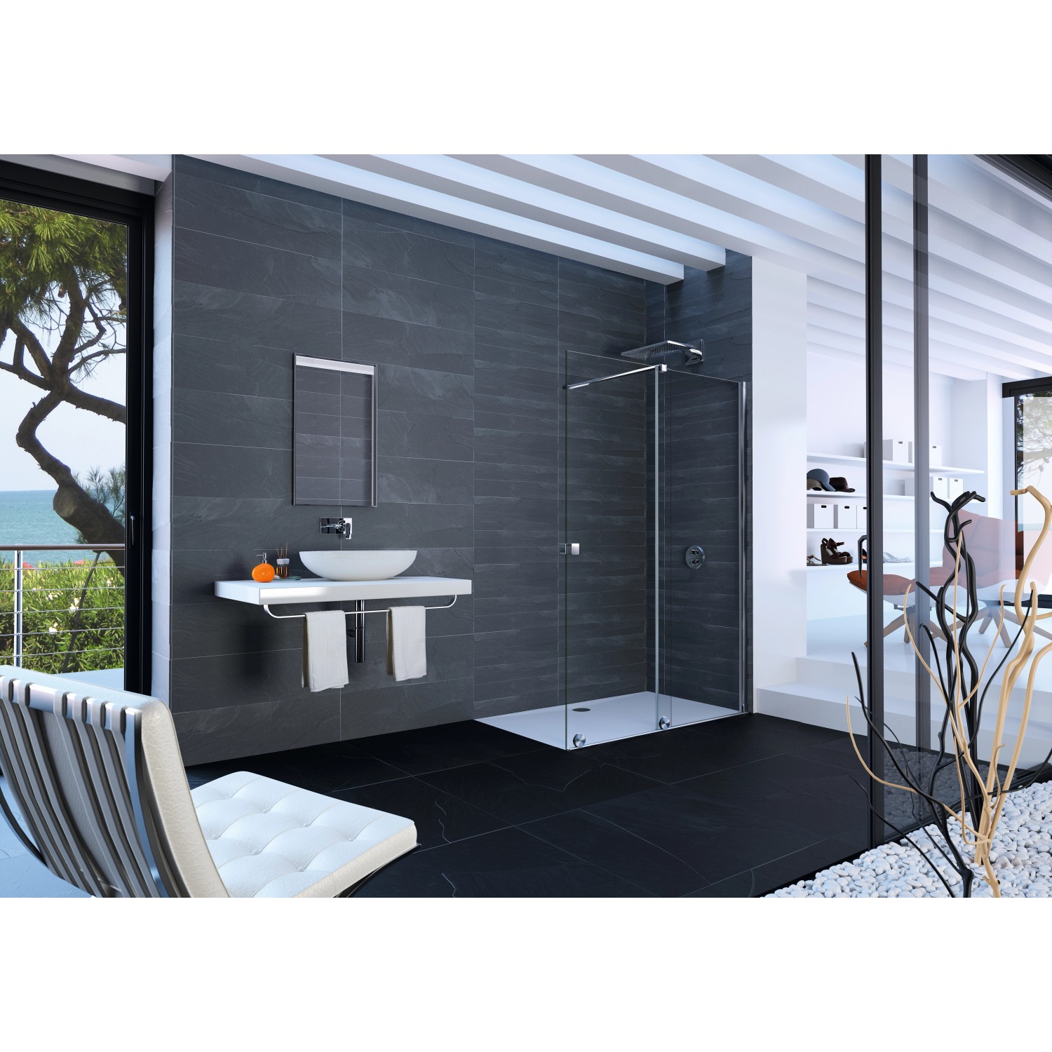 Bild von HÜPPE Xtensa pure Walk-In Gleittür 1teilig, mit festem Segment, Breite:110cm, Anschlag links, Querbügel, XT0102, Duschkabinen: Profilfarbe silber hochglanz Glas ESG klar