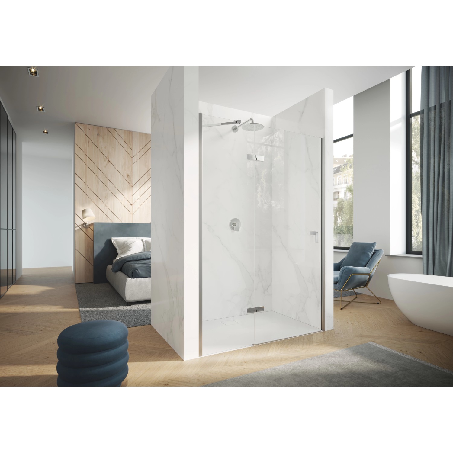 Bild von Hüppe Design pure 4-Eck Schwingtür, mit festem Segment, Breite:80cm Höhe:200cm, Anschlag links & rechts, 8P0704, Duschkabinen: Profilfarbe silber matt Glas ESG klar