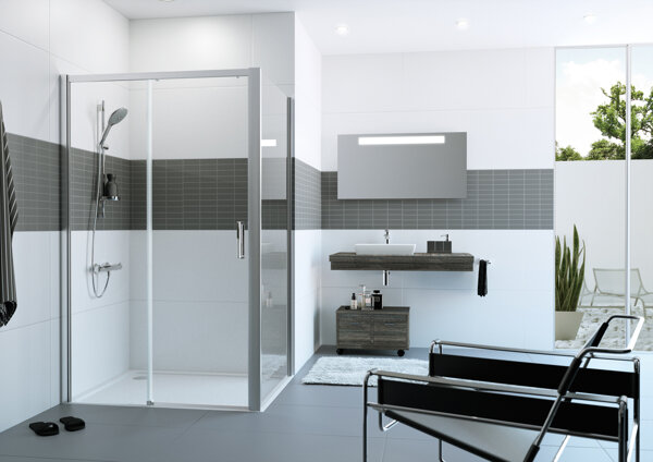 Bild von Hüppe Classics 2 EasyEntry 4-Eck Gleittür 1-teilig mit festem Segment, Breite:120cm, Höhe:200cm, Linksbefestigung, C25309, Duschkabinen: Profilfarbe silber hochglanz Glas ESG klar mit ANTI-PLAQUE