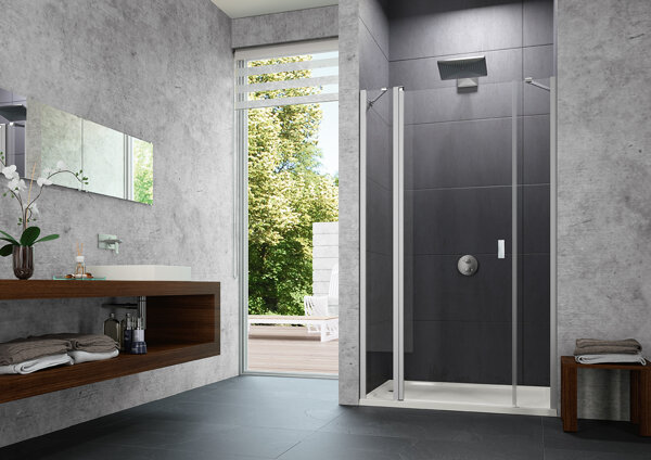 Bild von Hüppe Design pure 4-Eck Schwingtür m. festem Segment und Nebenteil in Nische, Breite:140cm Höhe:200cm, Befestigung li. & re., 8P7309, Duschkabinen: Profilfarbe silber matt Glas ESG Privatima