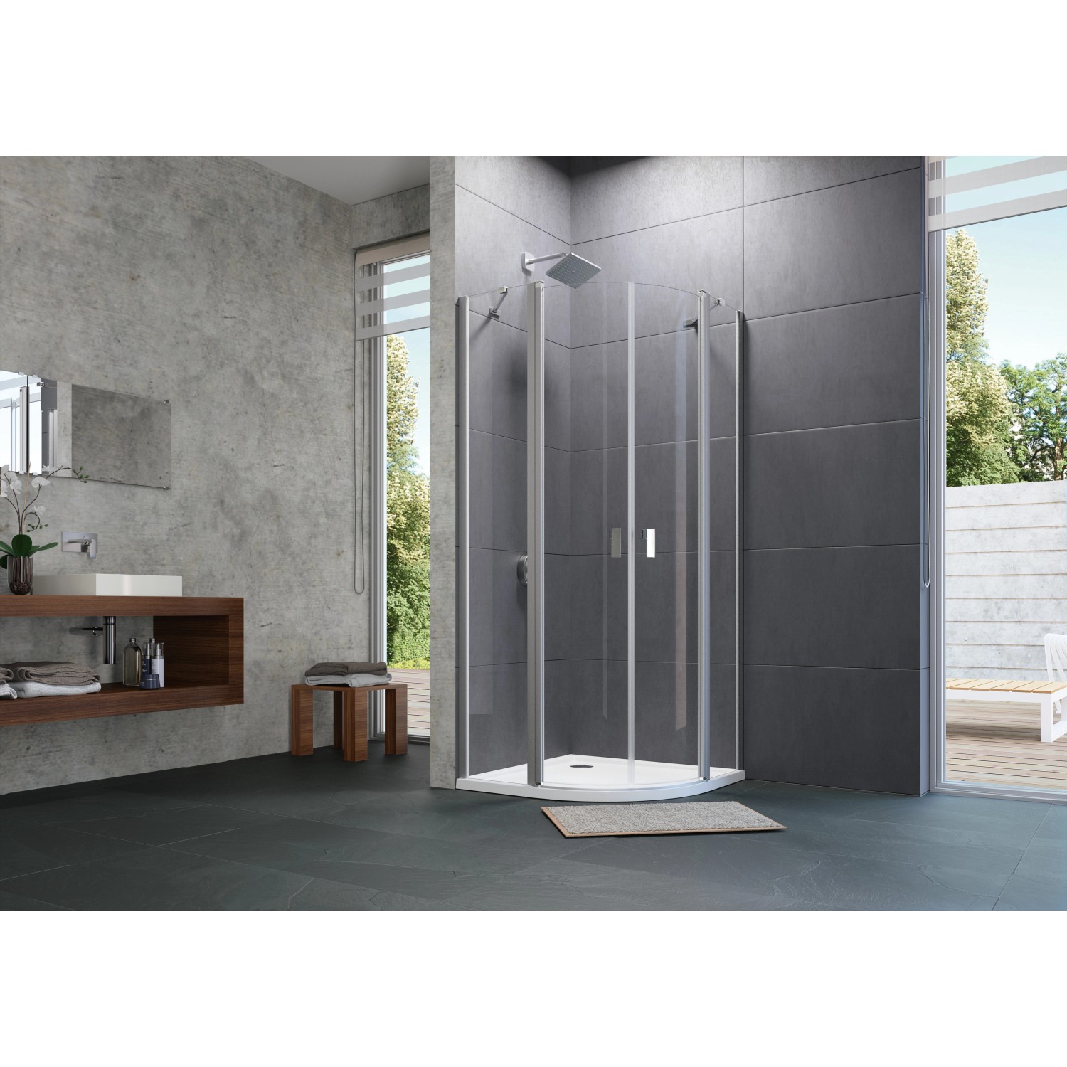 Bild von HÜPPE Design pure Schwingtür mit festen Segmenten 2-flügelig Radius: 50cm Breite: 80cm Anschlag links & rechts für gefliesten Boden, Duschkabinen: Profilfarbe silber matt Glas ESG klar