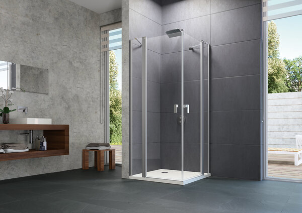 Bild von Hüppe Design pure 4-Eck Schwingtür, mit festem Segment, Breite:78cm Höhe:200cm, Anschlag links & rechts, 8P0713, Duschkabinen: Profilfarbe Black Edition Glas ESG Sand Plus mit Anti-Plaque