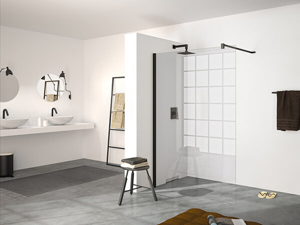 Bild von HÜPPE Design pure Seitenwand alleinstehend Breite: 140cm Anschlag links & rechts für Duschwanne, Duschkabinen: Profilfarbe Black Edition Glas ESG Spiegelglas mit ANTI-PLAQUE