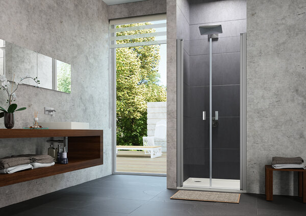 Bild von Hüppe Design pure 4-Eck Pendeltür in Nische, Breite:100cm Höhe:190cm Anschlag li. & re., 8P1303, Duschkabinen: Profilfarbe Black Edition Glas ESG Sand Plus
