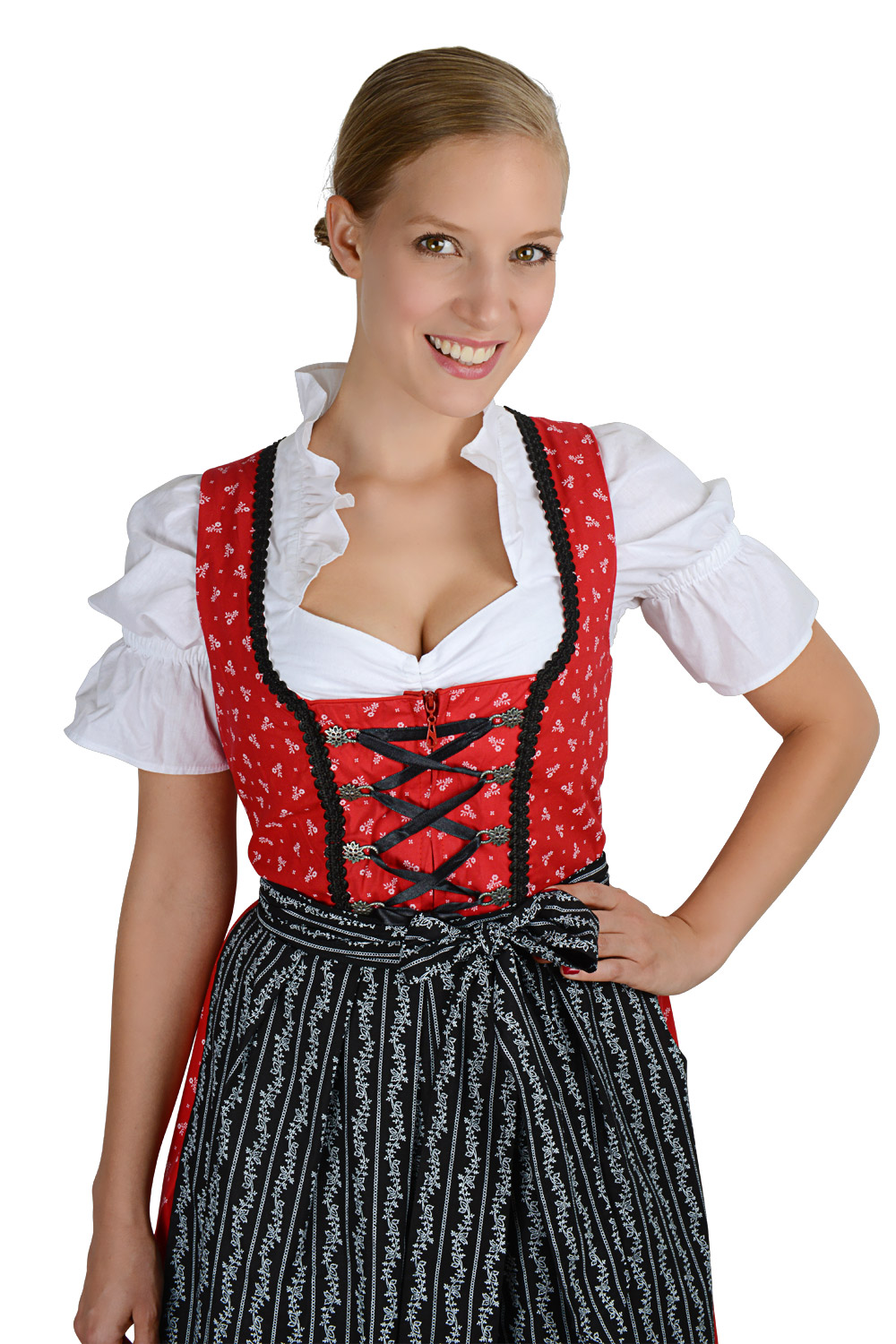 Bild von Midi Dirndl rot schwarz mit weißen Streublümchen