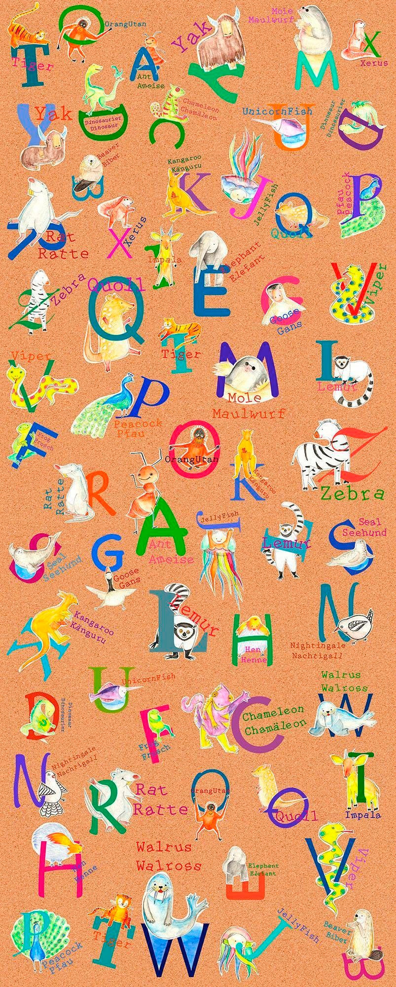 Bild von Komar Vlies Fototapete - Animals A-Z Panel - Größe 100 x 250 cm (Breite x Höhe) - Kinderzimmer Babyzimmer Kindertapte Alphabet Wand Tapete - P036-VD1