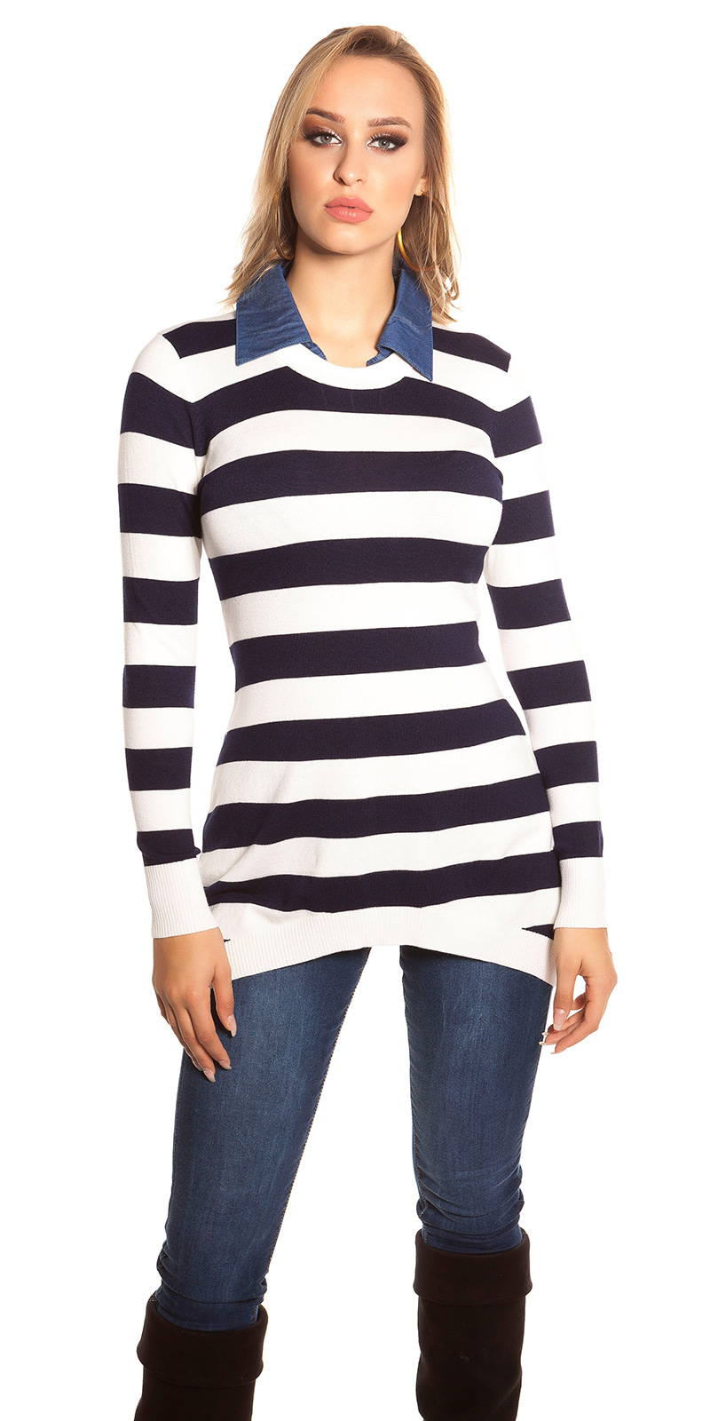 Bild von Striped Langarm Feinstrick Pullover mit Jeans-Kragen