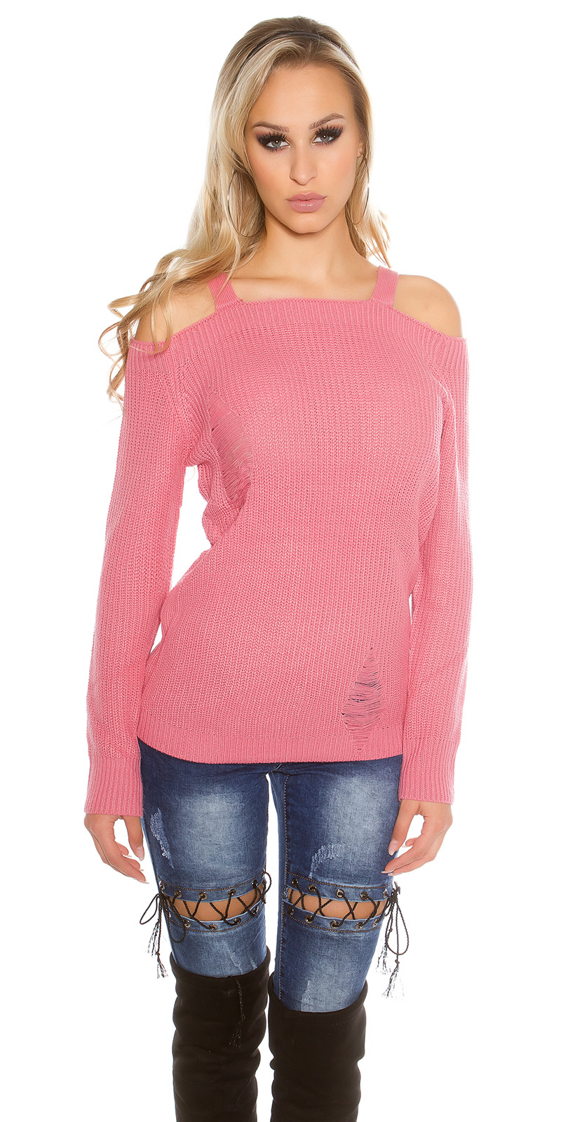 Bild von Schulterfreier Strick-Pullover im Destroyed-Look