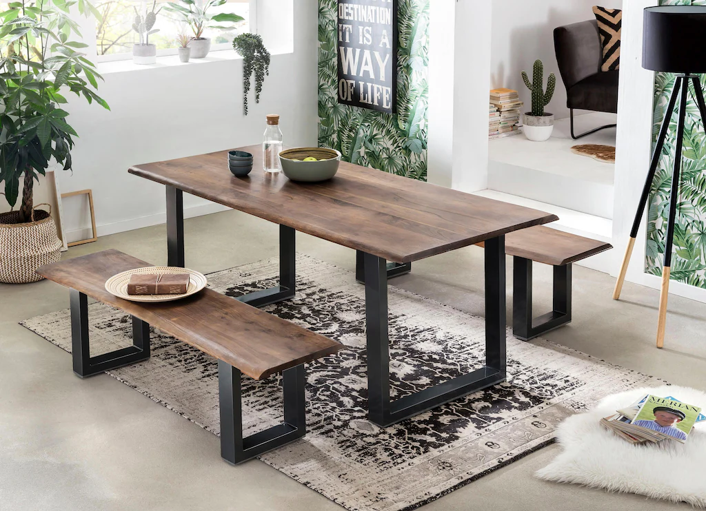 Bild von Loreno® Baumkantentisch Tops&Tables, massives Akazienholz, natürliche Baumkante, Metallgestell U-Form